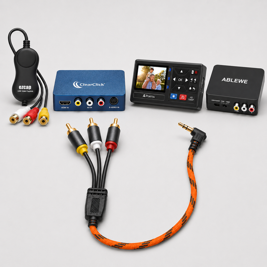 Orange 3.5mm AV Out to 3 RCA Tapeless Recording Cable for Tape Camcorders