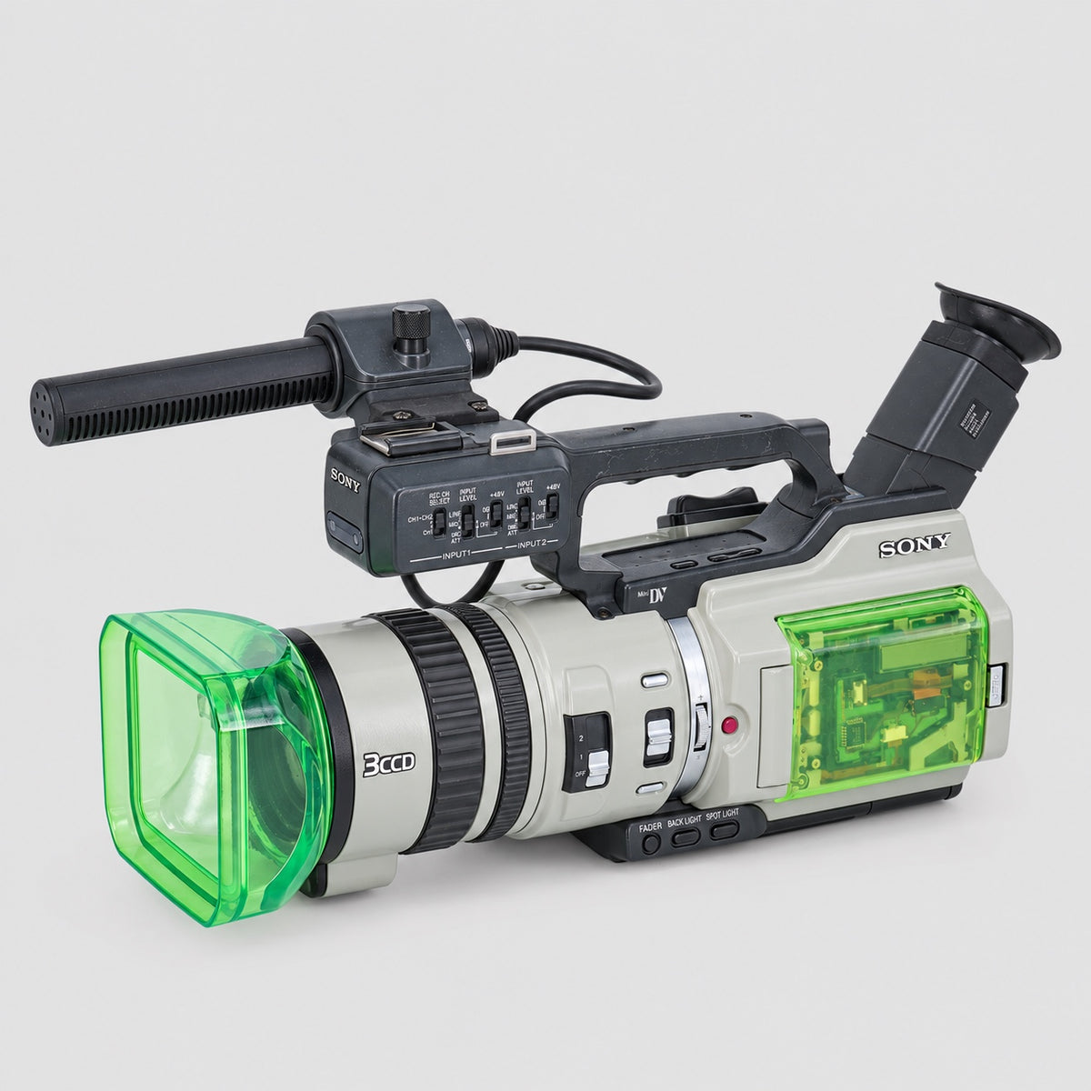 INVIZ PD150 Game Boy 1/1 custom camcorder, front three-quarter view