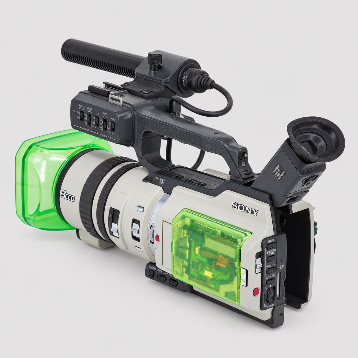 INVIZ PD150 Game Boy 1/1 custom camcorder, rear three-quarter view