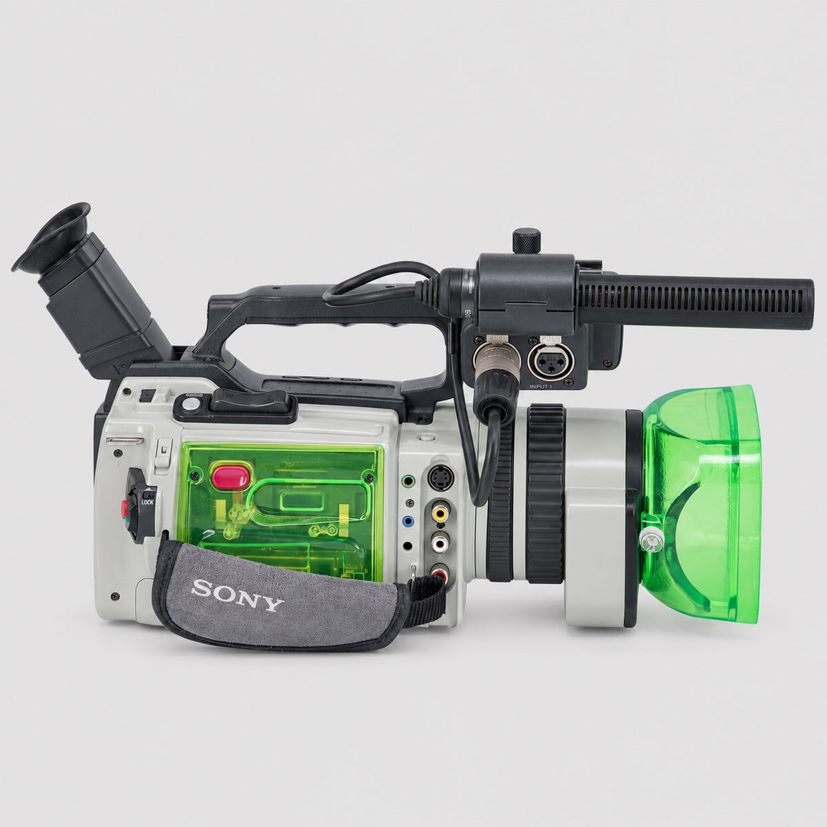 INVIZ PD150 Game Boy 1/1 custom camcorder, right side profile with original Sony hand strap