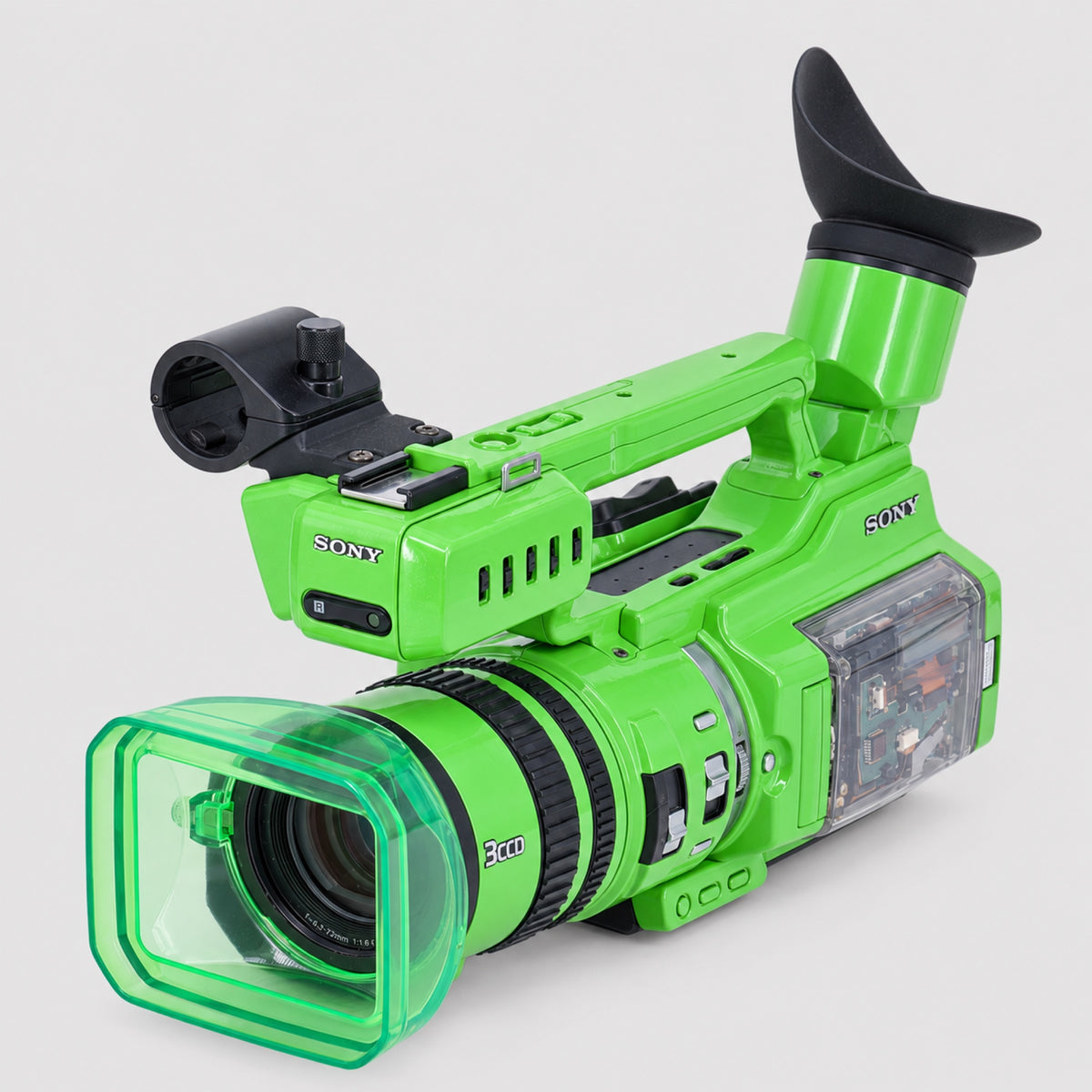 INVIZ Sony PD170 Acid Green 1/1 custom camcorder, front three-quarter view with translucent green lens hood