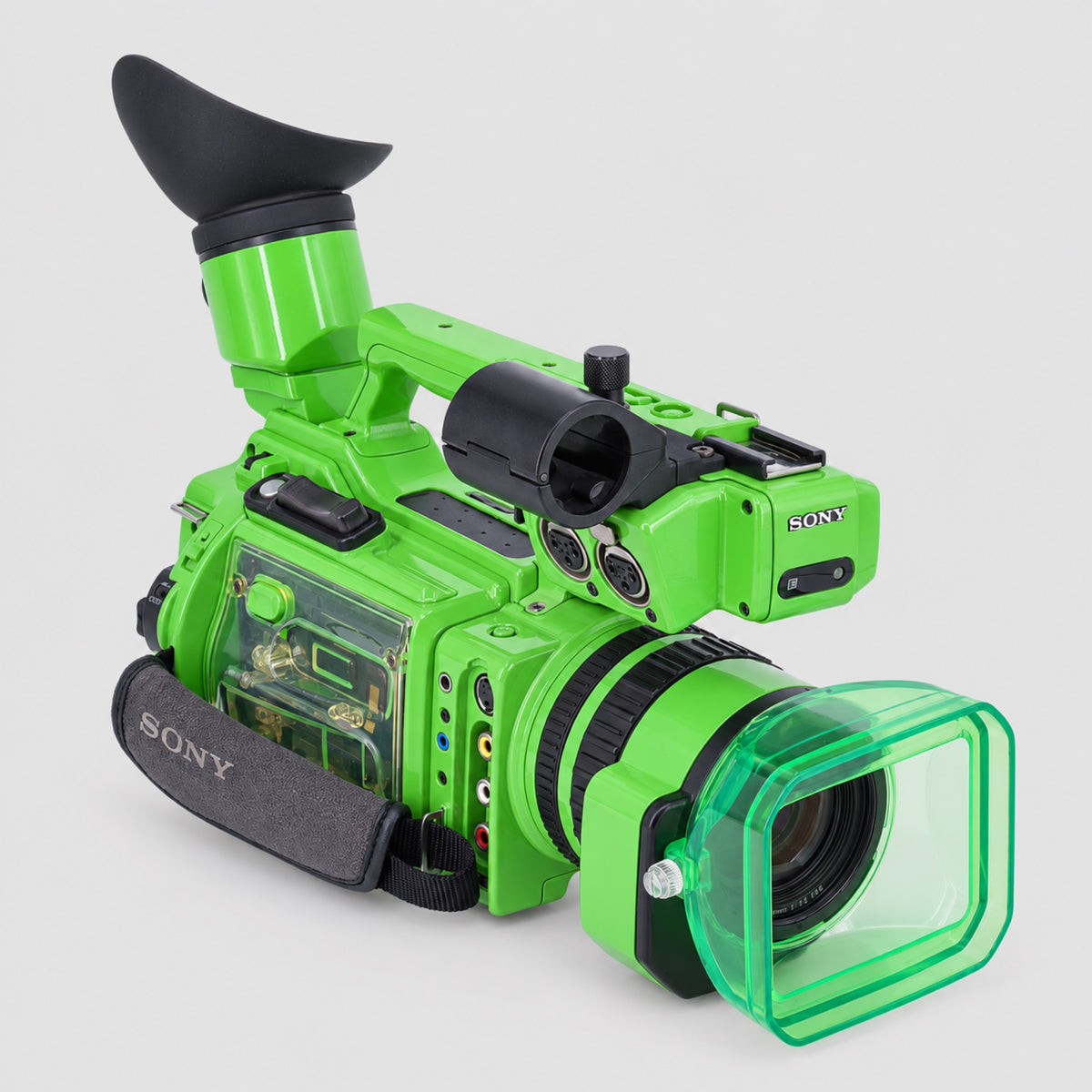INVIZ Sony PD170 Acid Green 1/1 custom camcorder, front lens view with translucent green lens hood