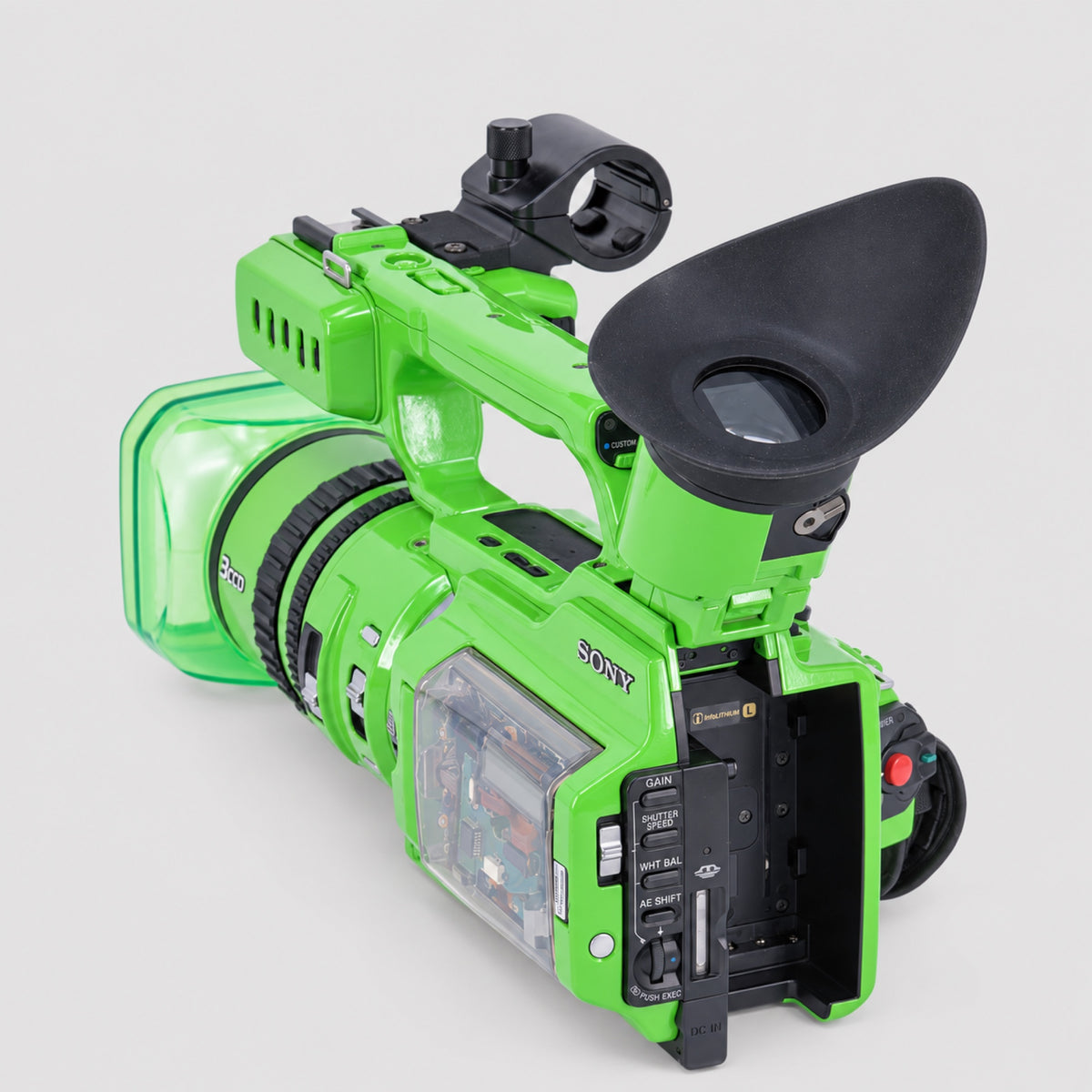 INVIZ Sony PD170 Acid Green 1/1 custom camcorder, rear view with viewfinder and controls