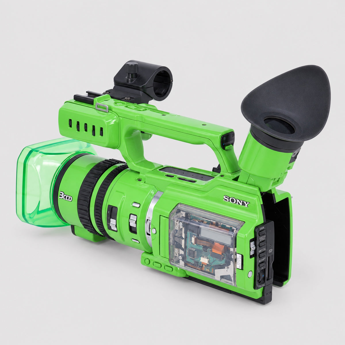 INVIZ Sony PD170 Acid Green 1/1 custom camcorder, rear-left three-quarter view