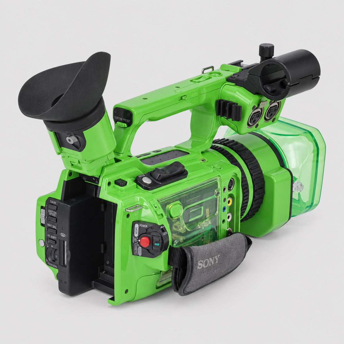 INVIZ Sony PD170 Acid Green 1/1 custom camcorder, rear-right view with Sony hand strap