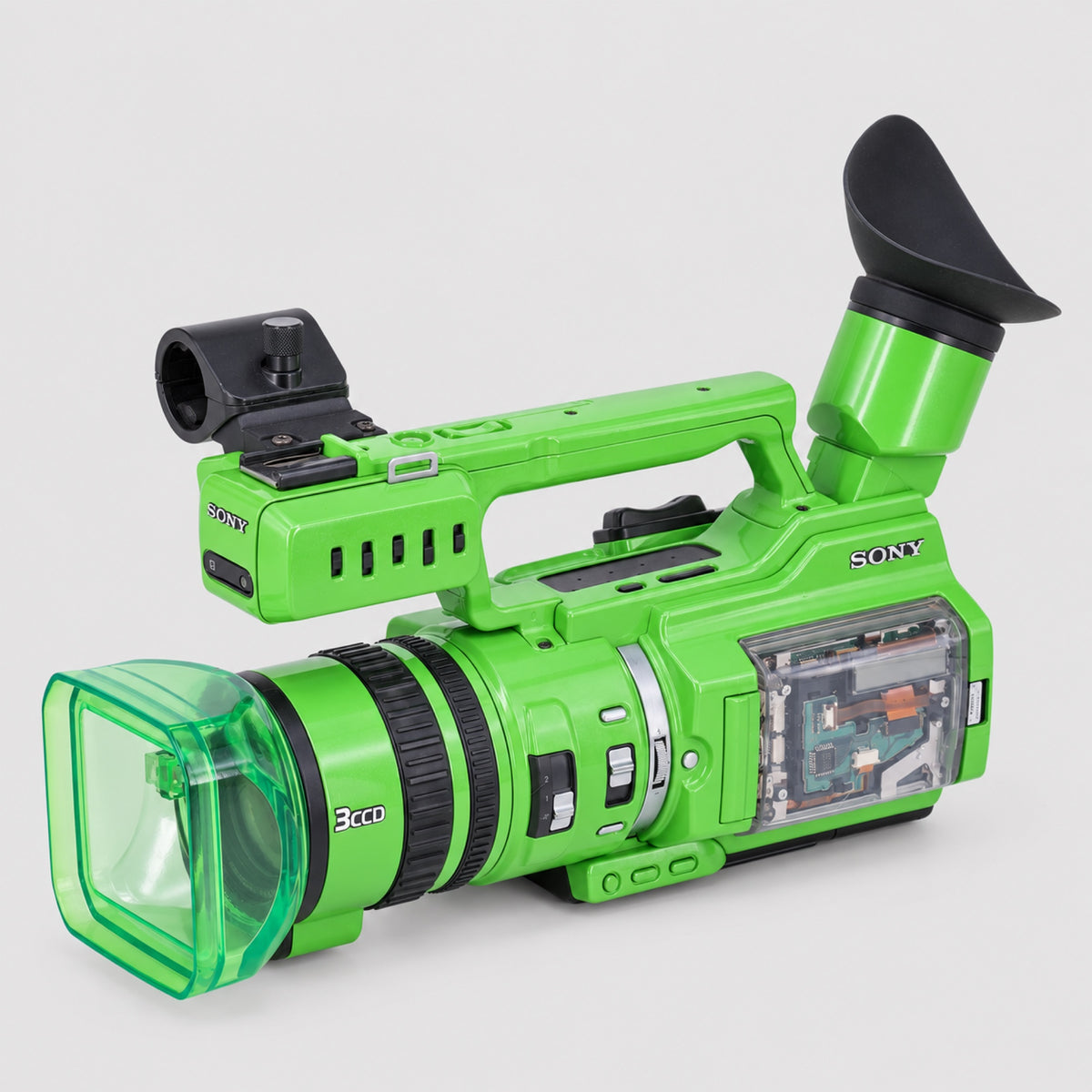 INVIZ Sony PD170 Acid Green 1/1 custom camcorder, front-left three-quarter view