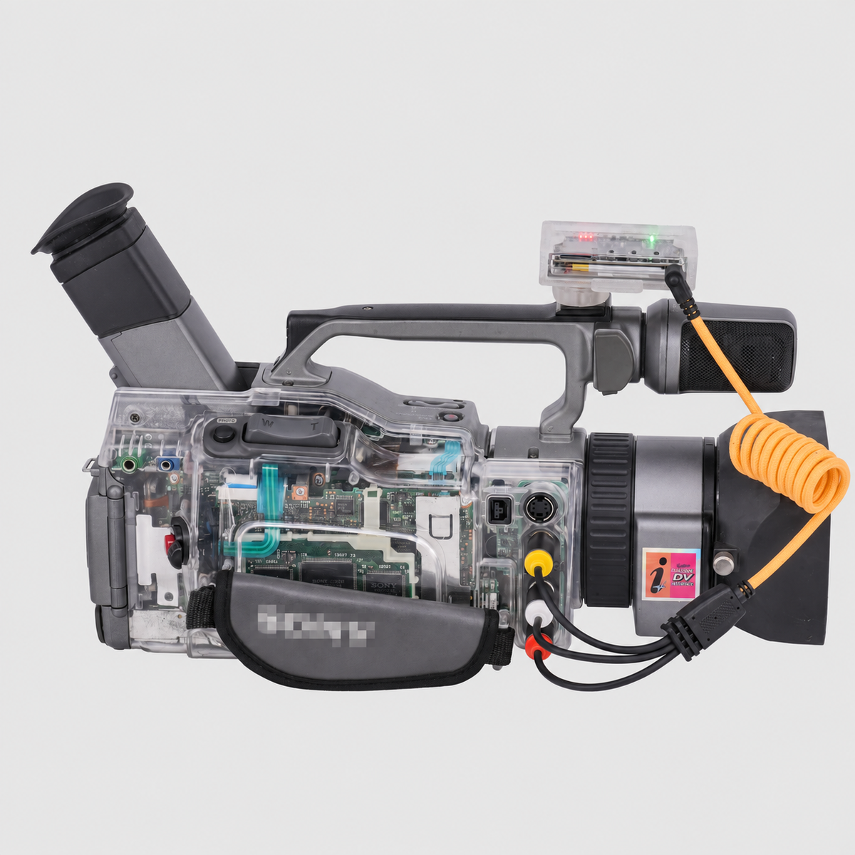 Clear Mini DVR mounted on a camcorder; hand strap logo pixelated.
